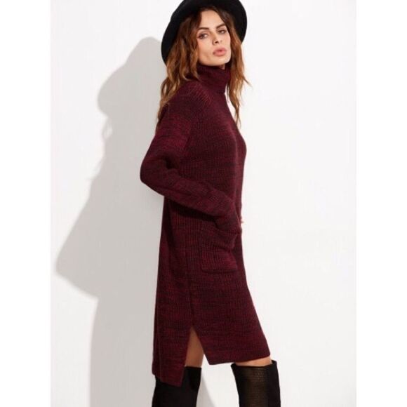 HP-Burgundy Knit Turtleneck High Low Sweater Dread - Picture 2 of 4